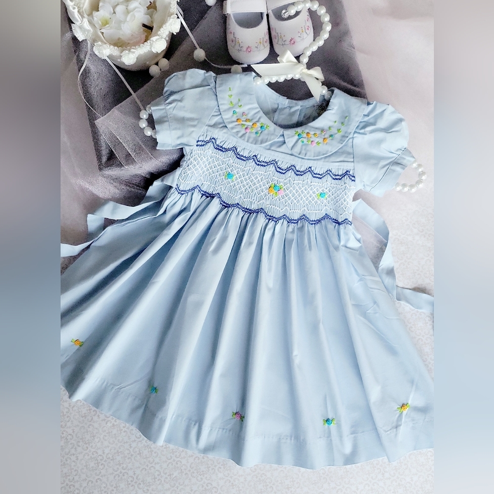 Baby Blue Hand-Smocked Embroidered Peter Pan Collar Dress / Easter Dress.